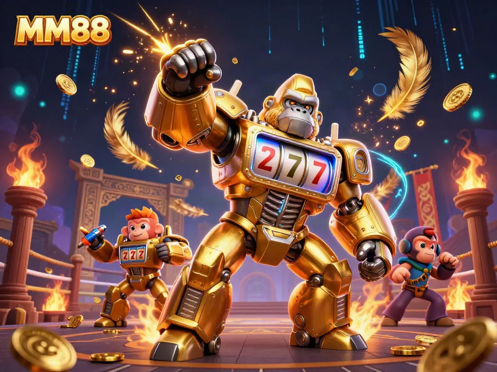 Engage with MM88's thrilling casino world as a golden gorilla mech combines gaming magic with excitement.