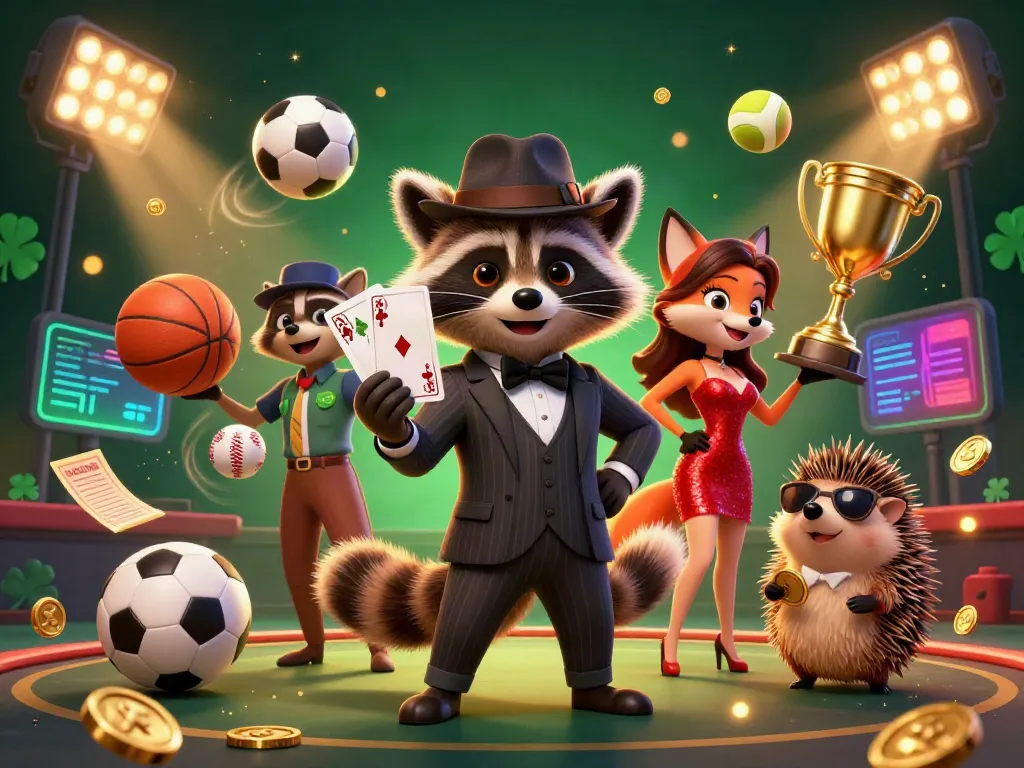 Xoilac features a charming raccoon in a casino scene holding a royal flush, alongside a fox lady and hedgehog bouncer.