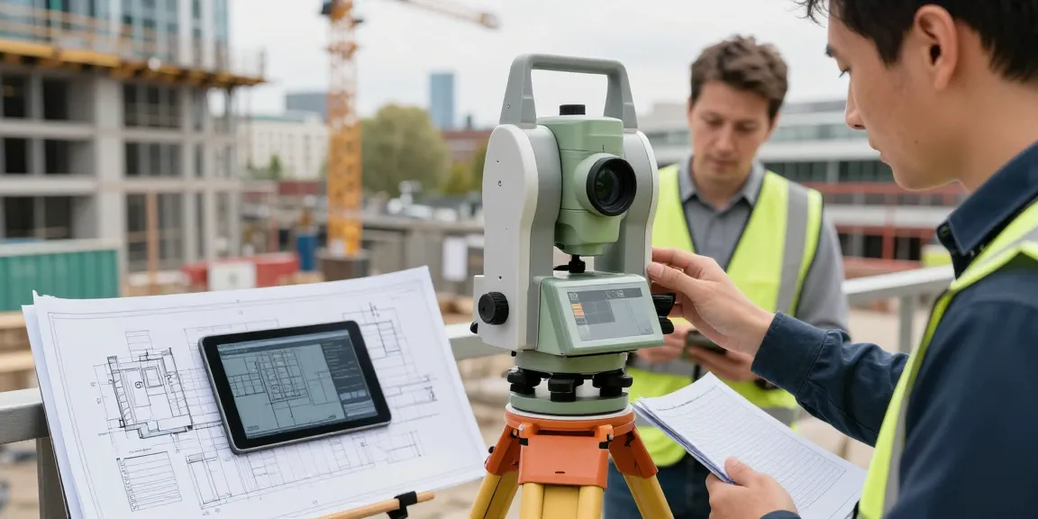 Measured Building Surveys London scene with professional surveyor using advanced equipment on busy construction site.