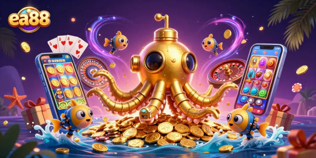 Spin into action with ea88's vibrant 3D casino world showcasing golden kraken submarine and exciting game elements.