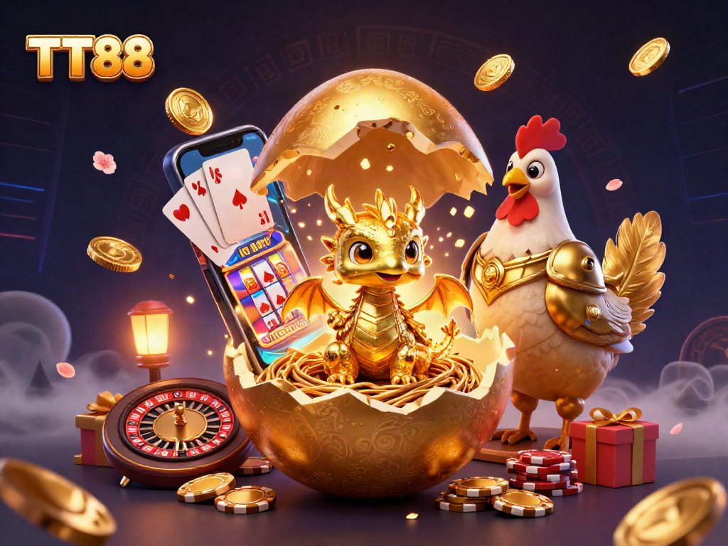 Experience the thrill of TT88 casino gaming with a dynamic scene of a baby dragon and golden characters amidst colorful slot elements.
