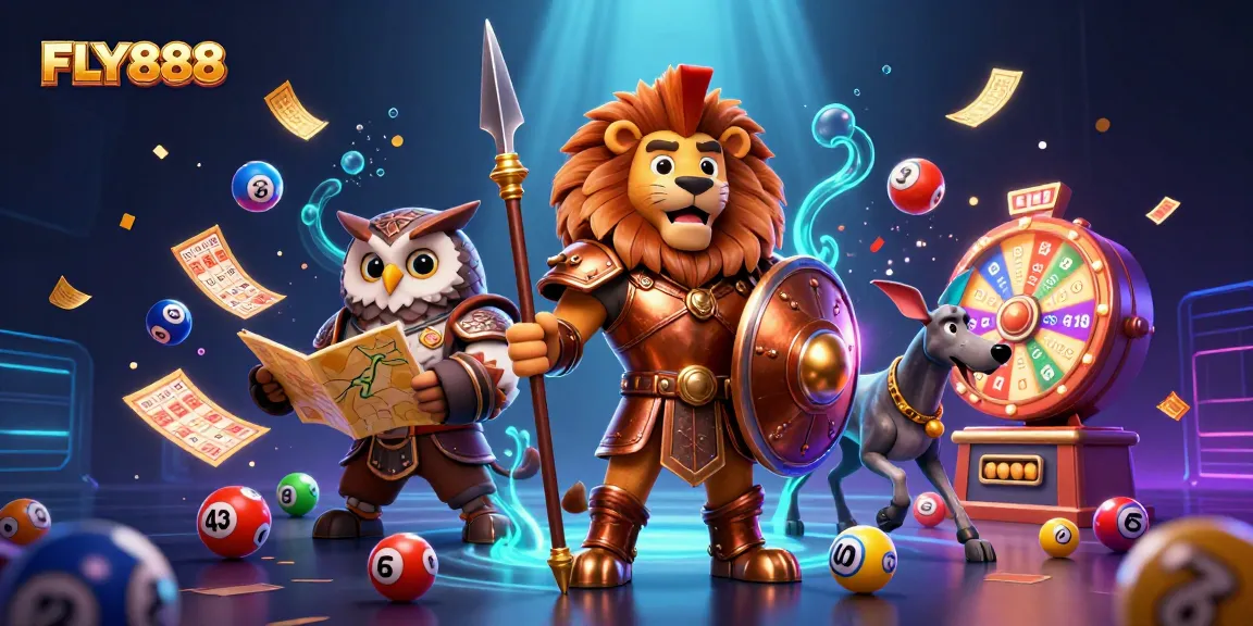 Experience FLY888 with a vibrant, dynamic casino illustration featuring exciting game elements and characters.