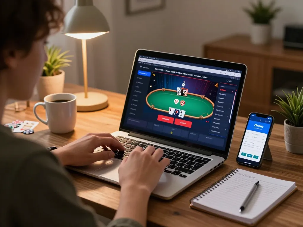 Engaging online gaming experience with 23winy, showcasing poker gameplay and strategic notes.
