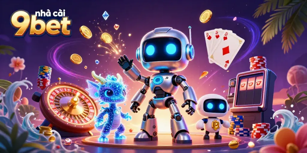 Engage with nhà cái 9bet through this vibrant illustration of a cyberpunk casino world packed with excitement and rewards.