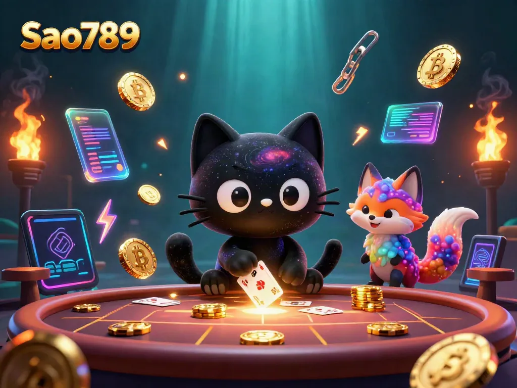 Experience the cosmic allure of Sao789 as charming characters draw in golden chips at a vibrant casino.