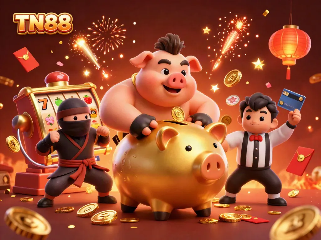 Engaging TN88 casino scene with dynamic characters celebrating around slot machines and festive decorations.