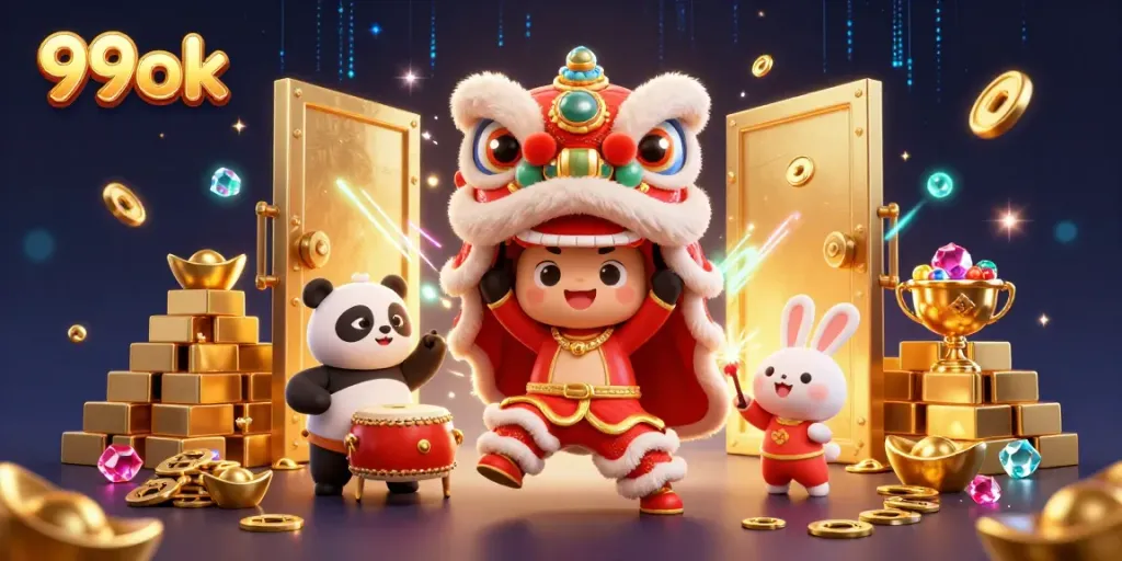 Engage with 99ok's vibrant 3D casino scene featuring a lion dance, treasures, and fun.