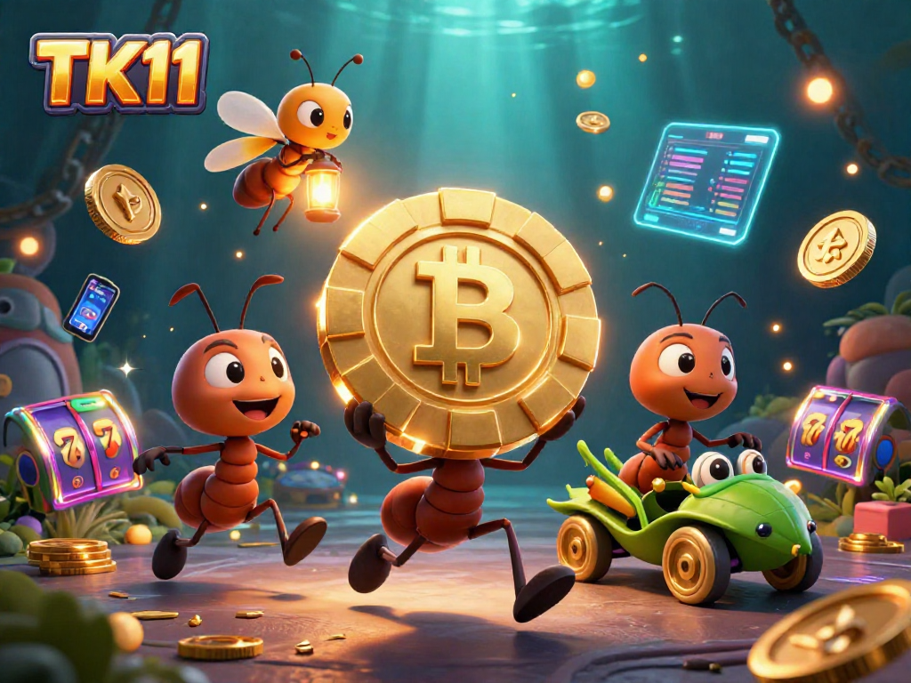 TK11 ants heist with golden poker chip among vibrant casino elements and crypto coins.