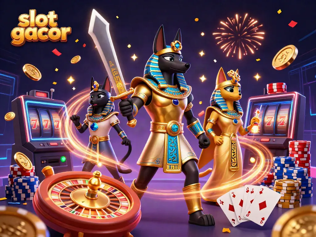 Experience the excitement of slot gacor with Anubis and Bastet surrounded by jackpots and glowing symbols.