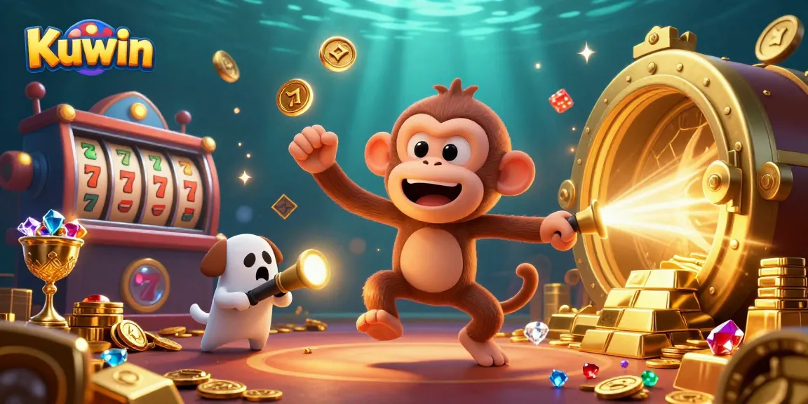 Kuwin captivates players with a vibrant casino scene featuring a mischievous monkey and a curious puppy exploring golden treasures.