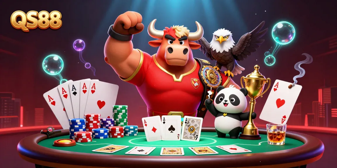 QS88 offers an exciting gaming experience with a bull mascot celebrating victory at a poker table.