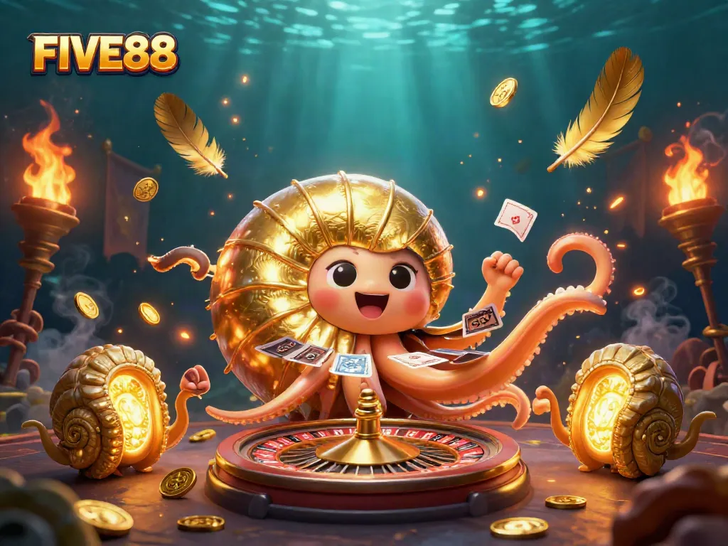 Experience the excitement of FIVE88 with a colorful underwater casino scene featuring a nautilus roulette wheel.