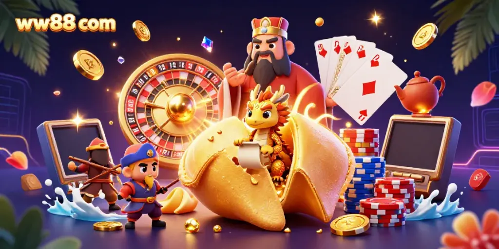 Experience fortune and riches with the vibrant ww88 com casino scene featuring a golden fortune cookie and treasure elements.
