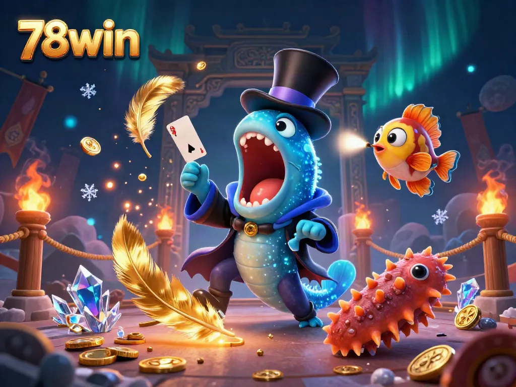 A vibrant 3D scene of a bioluminescent gulper eel and friends featuring 78win's unique gambling magic appeal.