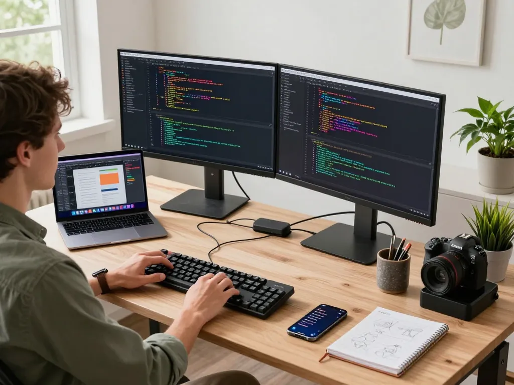 Moltbot in a modern coding workspace with dual monitors and tech gadgets, showcasing an active development environment.