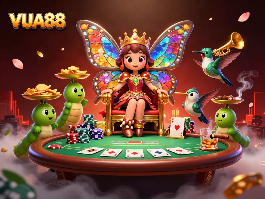 Play poker with VUA88 in an enchanting casino scene featuring vibrant characters and rich game elements.