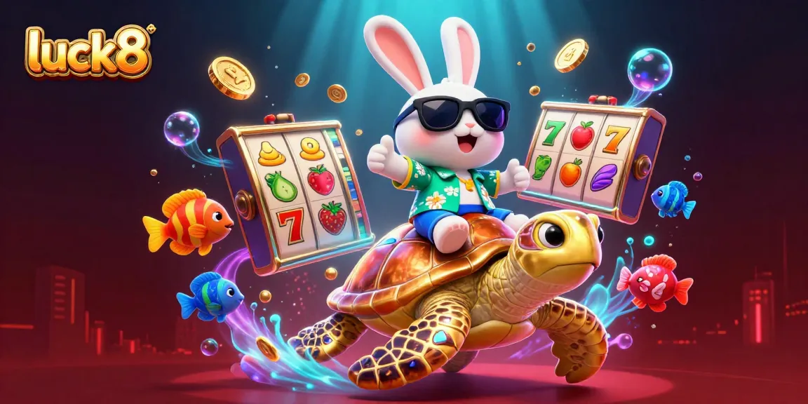 Luck8 Casino illustration with cartoon rabbit and turtle, vibrant slot game elements surround