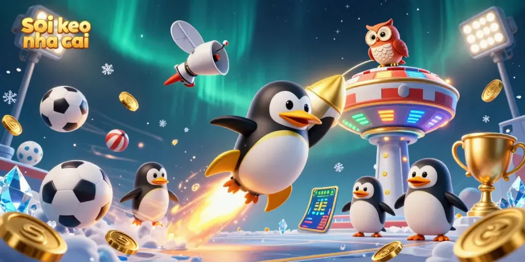 Betting strategies come alive in this vibrant scene with the soi keo nha cai theme, showcasing a golden penguin and dynamic sports elements.