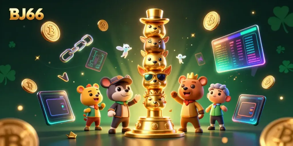 Join the excitement at BJ66 with a vibrant illustration showcasing dynamic casino elements and crypto coins.