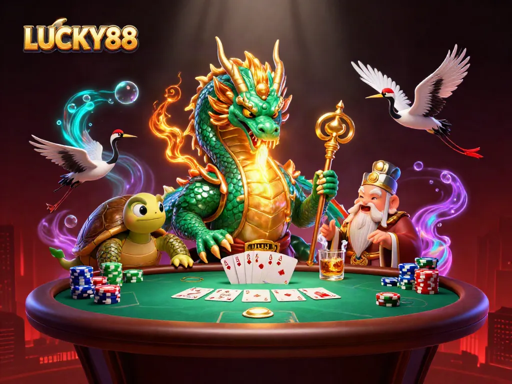 Engage in thrilling LUCKY88 gameplay with a vibrant 3D illustration of dragons and poker elements.