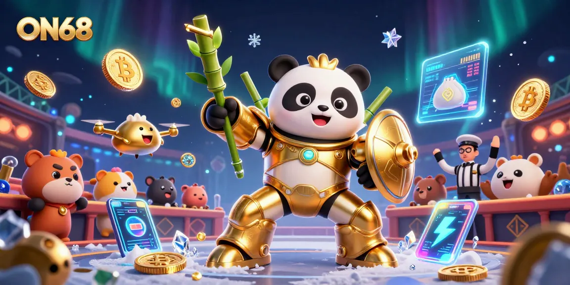 Experience ON68's thrilling casino action with a golden panda in mech-suit battling in a colorful arena.