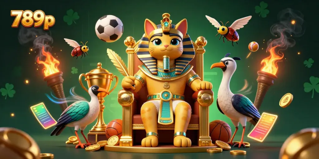 Experience thrilling 789p action with a vibrant 3D illustration of a pharaoh cat and sports elements.