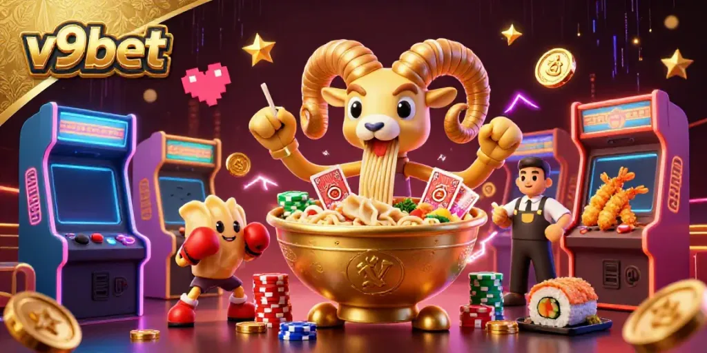 Engage in thrilling gaming action with v9bet in a vibrant 3D casino scene featuring dynamic characters and game elements.