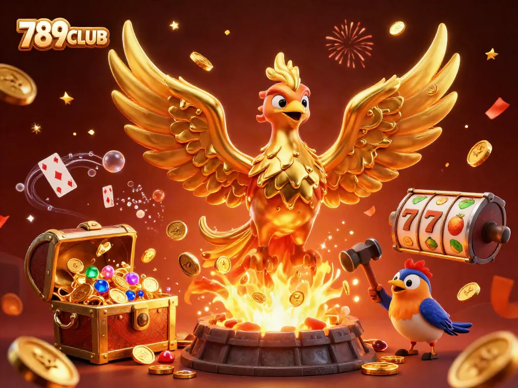 Experience excitement with 789CLUB's dynamic gaming, featuring a golden phoenix and thrilling casino visuals.