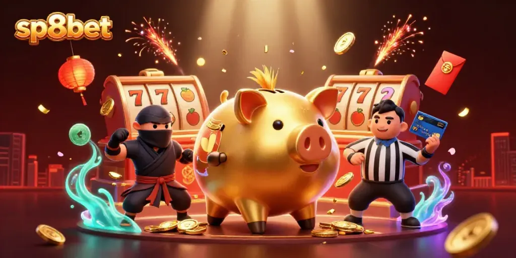 Experience thrilling gameplay with sp8bet's dynamic casino characters surrounded by vibrant slot elements.