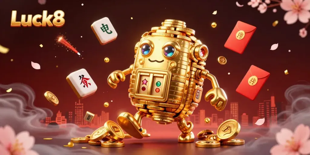 Luck8 invites players to enjoy a vibrant casino environment featuring a golden golem and festive symbols.