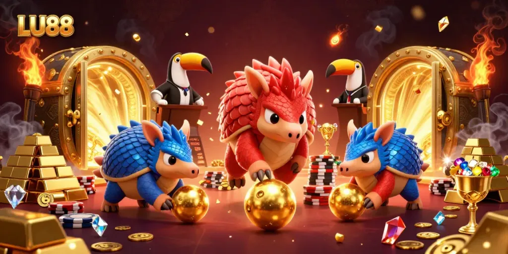 Experience top-tier action with LU88's vibrant pangolins bowling through poker chips and golden treasures.