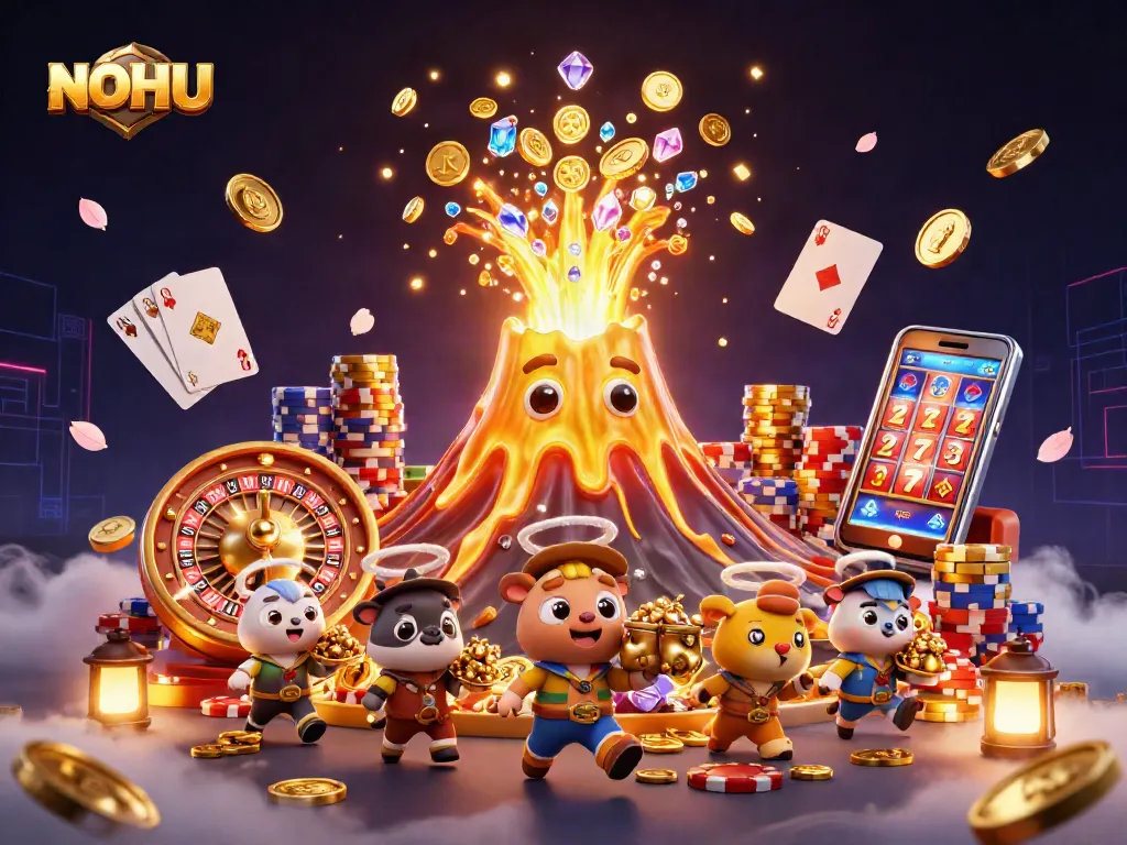 Experience NOHU's vibrant casino adventure with golden coins and treasures erupting in a thrilling scene.