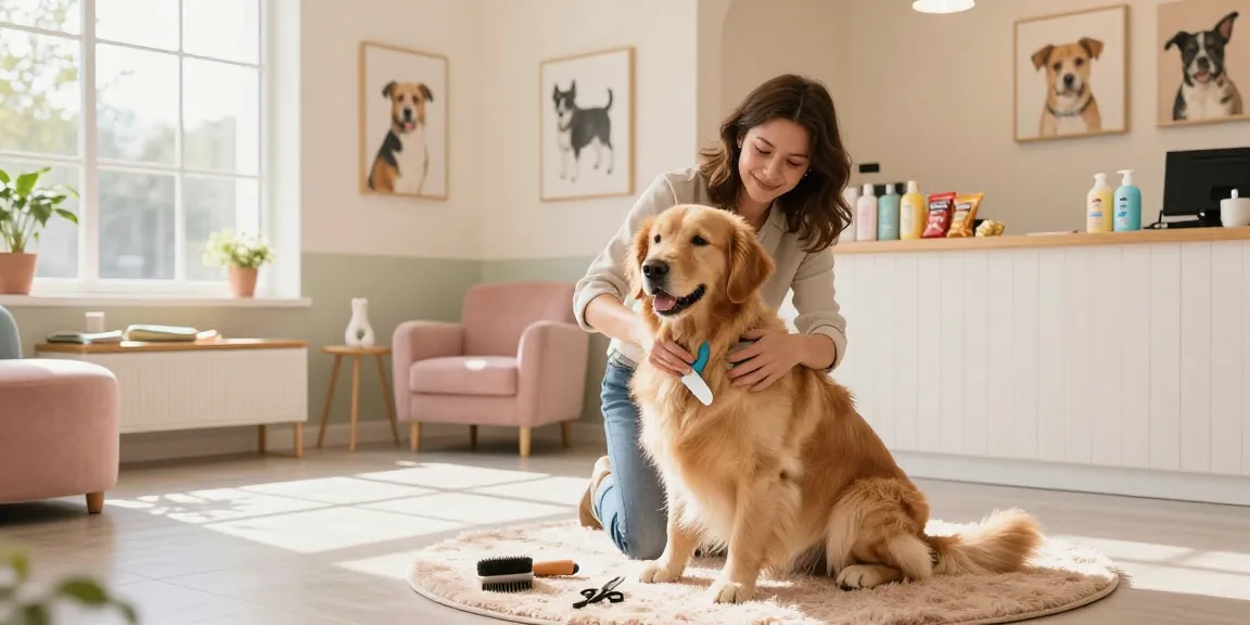 Dog grooming at Fluffs Dog Grooming York, featuring a golden retriever and grooming tools in a serene salon.