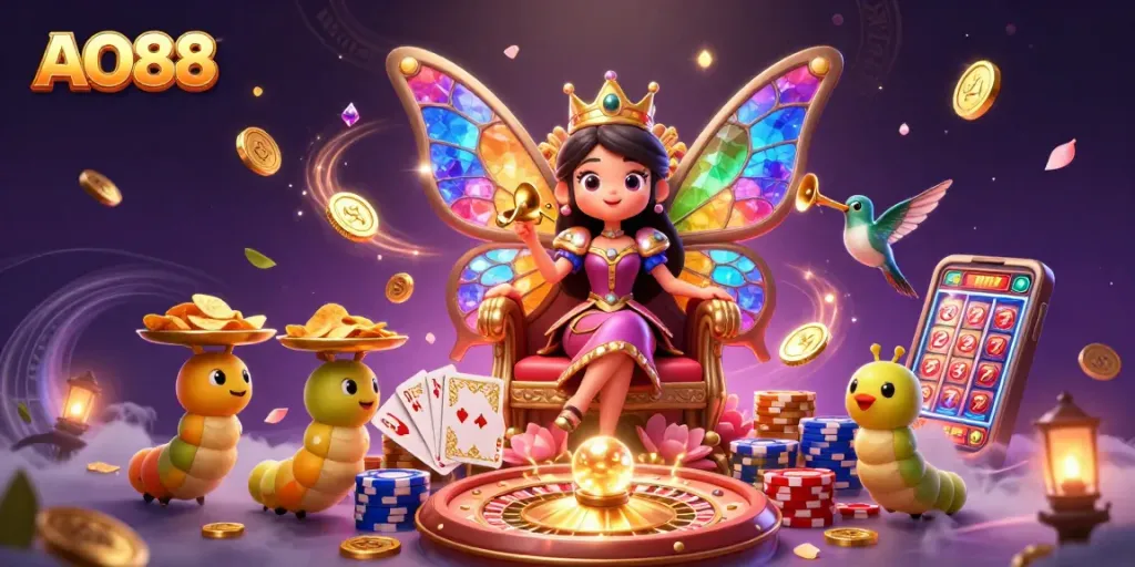 Engage with AO88's vibrant casino realm featuring a butterfly queen and gold chips.