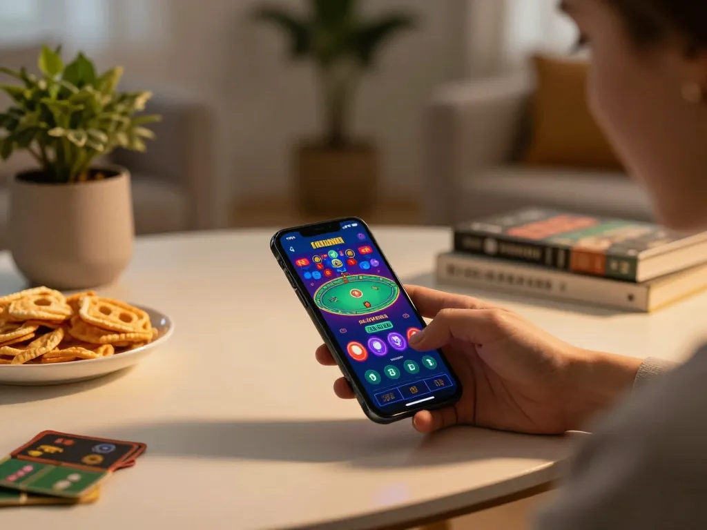 Player engaging with the w88 casino app on a smartphone, showcasing online gambling strategy in a cozy home.