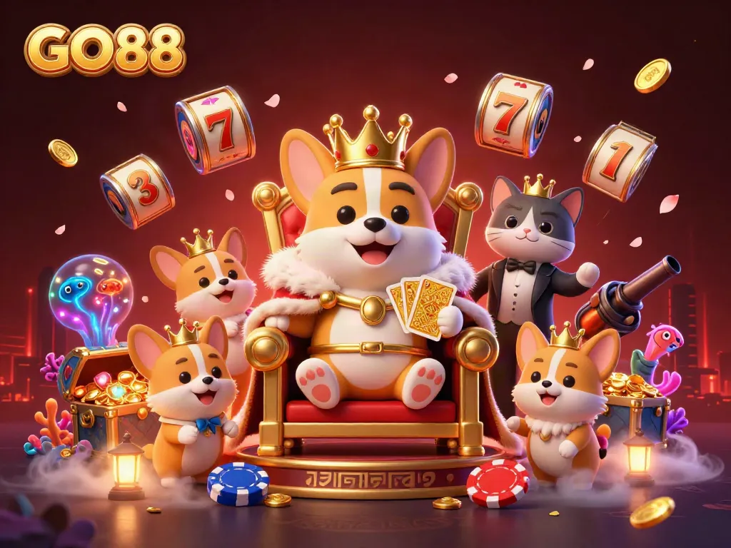 Experience the thrilling world of GO88 with a royal corgi on a poker chip throne amidst slot reels and treasure.