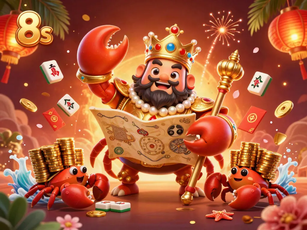 Engage in thrilling gameplay with 8s at this vibrant casino scene featuring a golden crab emperor and treasure.