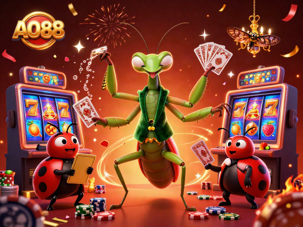 Experience thrilling gaming action with AO88 featuring a giant mantis dealer and ladybug pit boss.