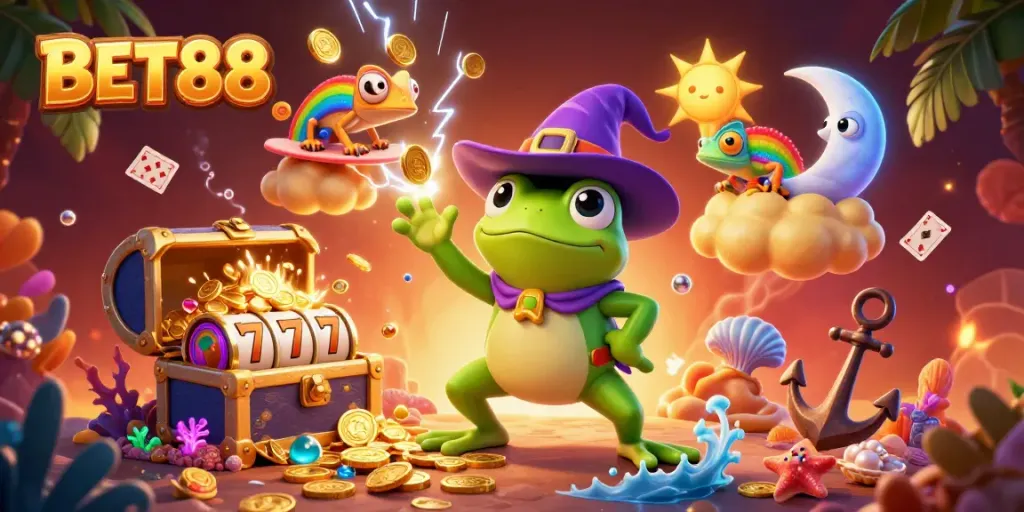 Win big with BET88 as characters create a storm of rewards in this vibrant casino scene.