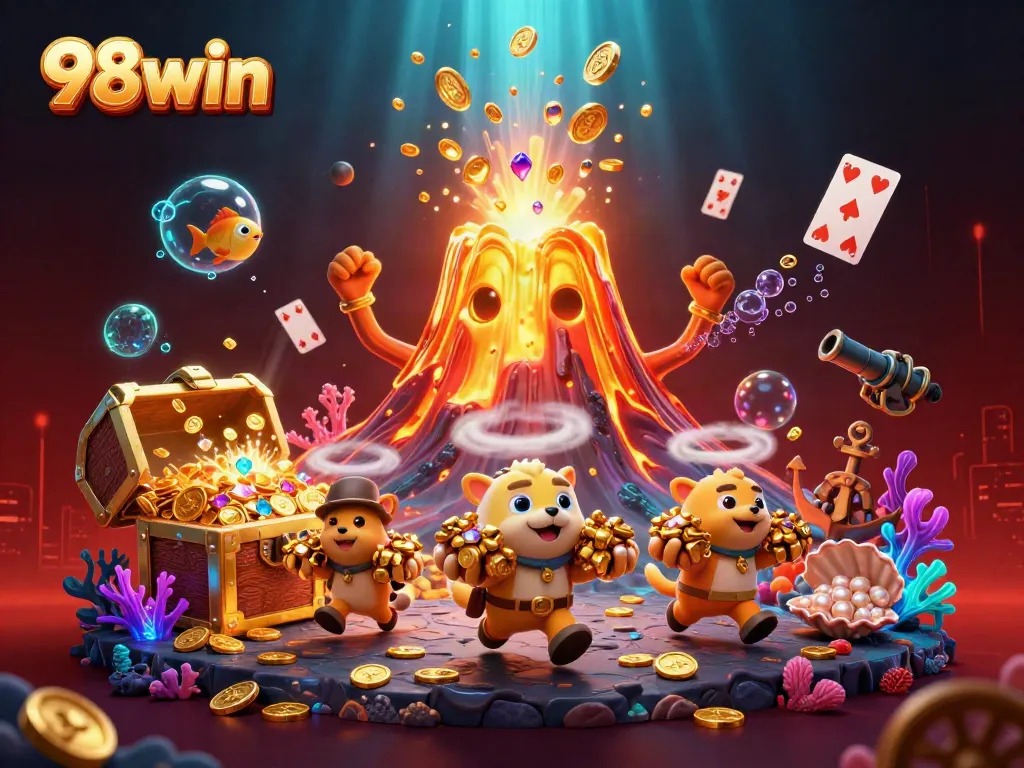 Experience jackpots and treasure in the vibrant 98win casino illustration.