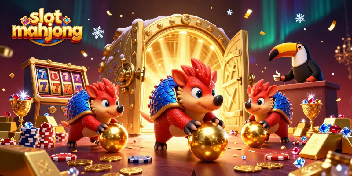 Spin the slot mahjong reels with animated pangolins amidst sparkling treasures and vibrant casino elements.