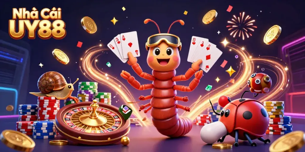 Engage with spectacular gaming excitement at Nhà Cái UY88 with a dynamic scene of a millipede dealer and high-roller snail.