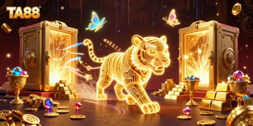 Experience TA88's vibrant digital casino world with neon tiger, treasures, and glowing gems.