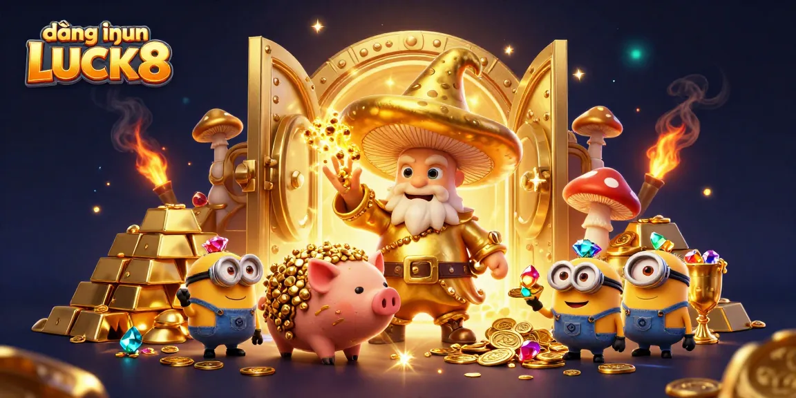 Experience đăng nhập LUCK8, with a magical golden wizard and treasure, in this vibrant 3D casino illustration