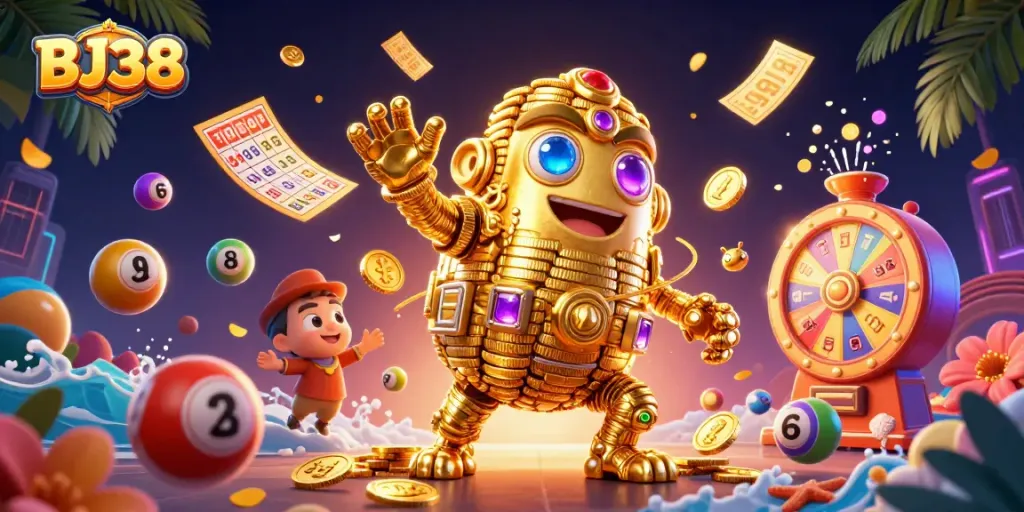 BJ38 interactive gambling experience filled with vibrant lottery balls and golden prizes.