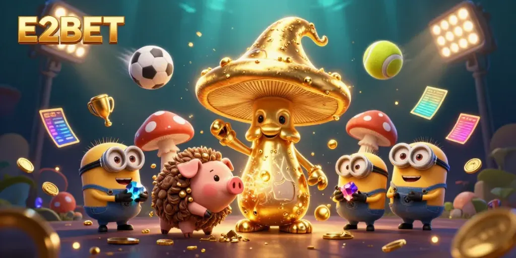 E2BET showcases a magical casino scene featuring a wizard, a pig, and dynamic elements representing sports betting.