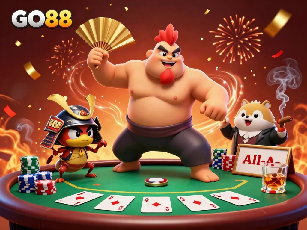 Experience the excitement of GO88 with a dynamic poker scene featuring cartoon characters and vibrant casino elements.