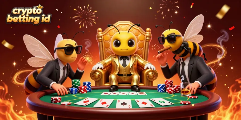 This 3D illustration depicts the dynamic theme of crypto betting id with a bumblebee mob boss and poker elements in an engaging casino setting.