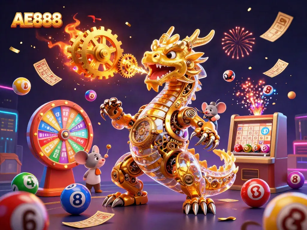 Experience the excitement of AE888 with a vibrant 3D dragon and dynamic casino elements bursting into action.