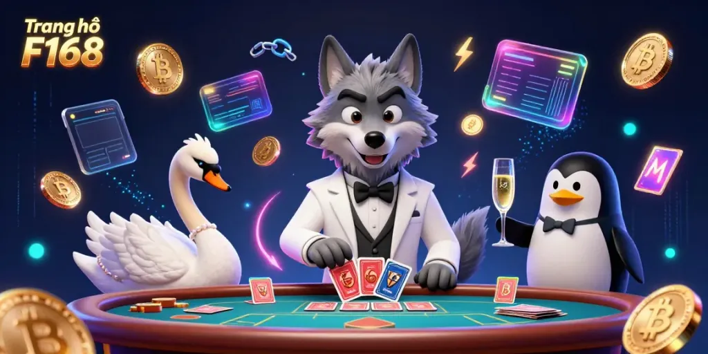 Engage with Trang chủ F168 featuring a wolf, swan, and penguin enjoying a lively baccarat game.